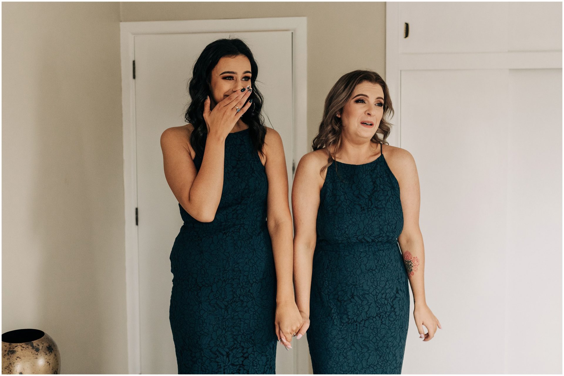 bridesmaids waiting to see bride preparation christchurch photographer wedding green emerald lace 