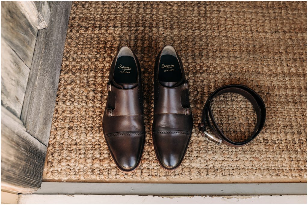 brown leather shoes and belt wedding doormat woven neutral colours bell tower blenheim wedding