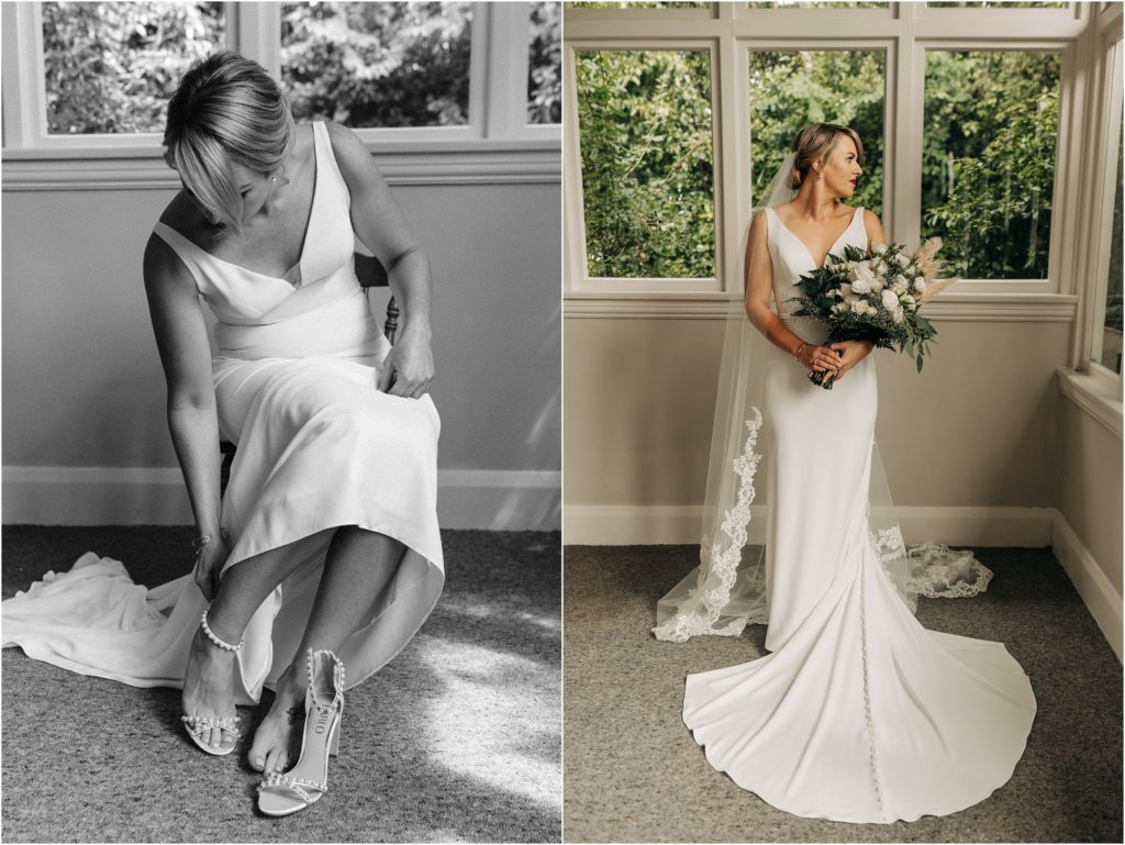 bride putting shoes on white dress christchurch nz wedding conservatory holding bouquet neutral colours