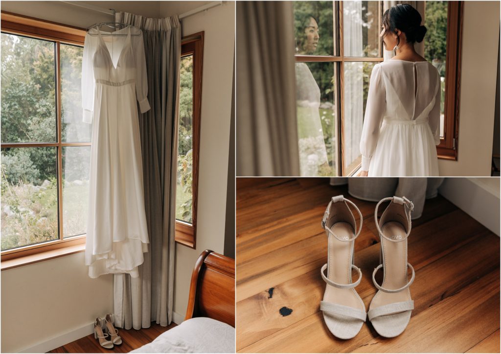 wedding dress hanging in bay window wooden floor christchurch wedding morning airbnb photographer best